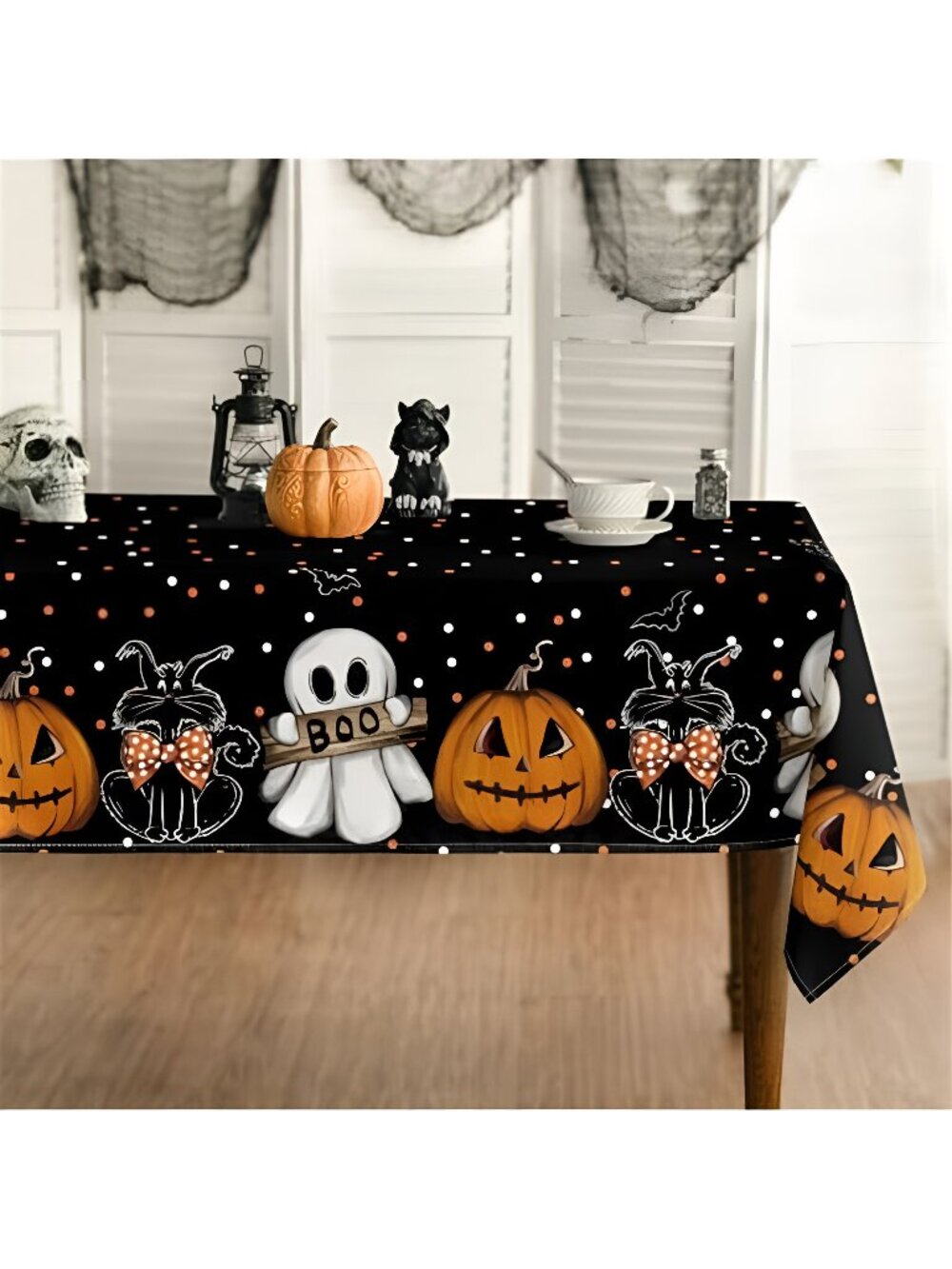 Halloween Tablecloth 60 x 84 Inch Rectangular Jack-O-Lantern Cat